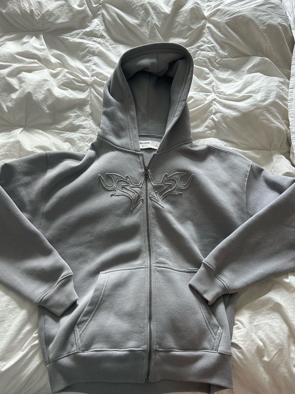 Hollister Gray Full-Zip Hoodie with Embroidered Flame Motif